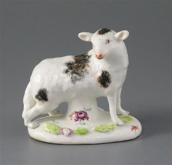 A rare Longton Hall figure of a ewe, c.1752, L. 9.7cm